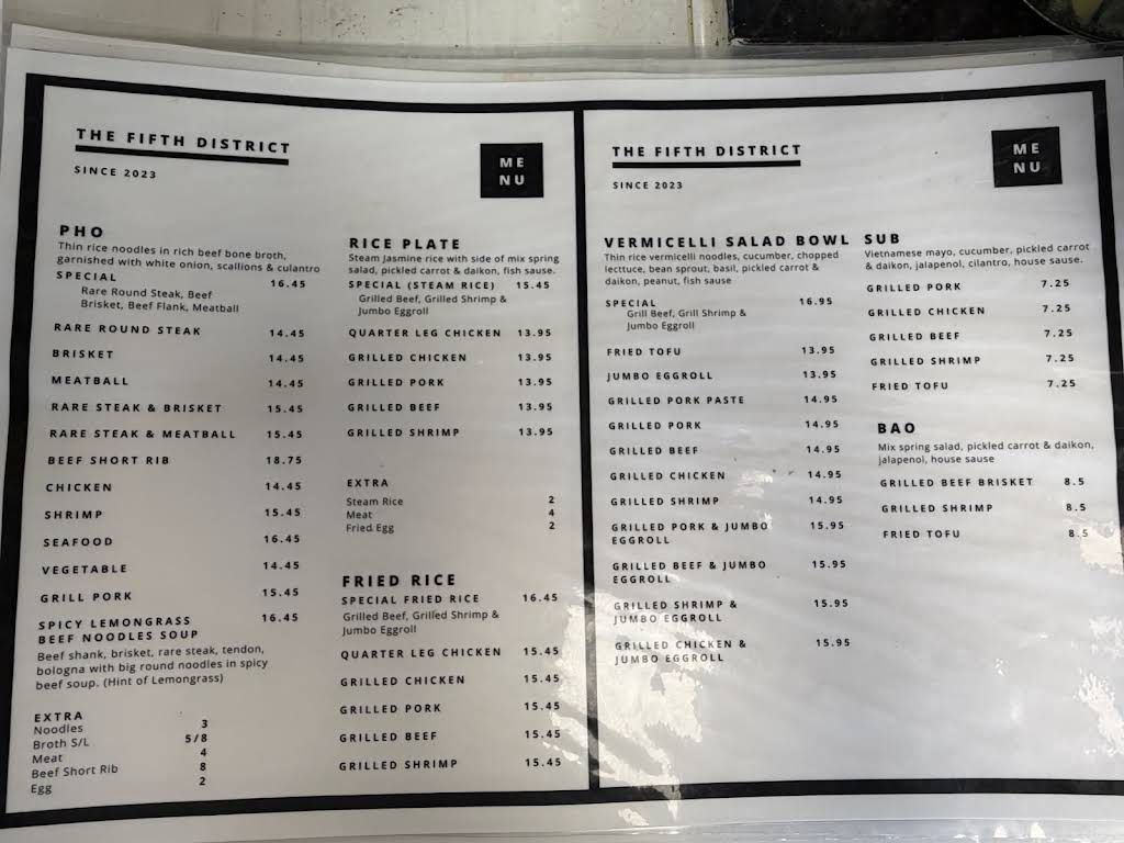 The Fifth District Menu 1